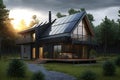 Passive house with solar panels. Green lawn and trees. Setting sun Royalty Free Stock Photo