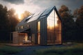 Passive house with solar panels. Green lawn and trees. Setting sun Royalty Free Stock Photo