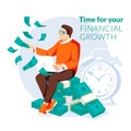 Passive income concept. Time for financial growth. Man with laptop sitting on the packs of dollars. Clock on the background.