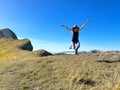 PASSO CATTIVO, ITALY - SEPTEMBER 29, 2023: Panoramic view of Passo Cattivo with happy hiker in the park of Monti Sibillini Royalty Free Stock Photo