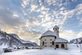 Passo San Pellegrino. Little church situated in the Dolomites, at Passo San Pellegrino. Ski resort, Ski slope. Mountains alps. Moe Royalty Free Stock Photo