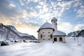 Passo San Pellegrino. Little church situated in the Dolomites, at Passo San Pellegrino. Ski resort, Ski slope. Mountains alps. Moe Royalty Free Stock Photo