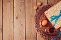 Passover background with matzo and vintage seder plate. Royalty Free Stock Photo