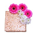 Passover background. matzoh (jewish passover bread) and flowers isolated on white Royalty Free Stock Photo