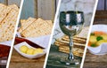 Passover background with wine bottle, matzoh, and seder plate Photo collage different picture Royalty Free Stock Photo