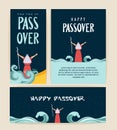 Passover banner and card. Moses separate sea for Passover holiday over night background, flat design vector