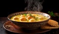 Passover, Bowl of matzo ball soup, steaming and ready to be served., copy space. Royalty Free Stock Photo