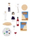 Passover Symbols, set of vector Passover Icons, Kids, Moses, Passover plate, Passover Haggadah, matzah, Elijah`s Cup, wine glass a