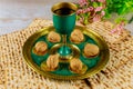 Passover concept. Jewish matzah, kiddush and seder with text in hebrew egg, bone, herbs, karpas, chazeret and charoset Royalty Free Stock Photo