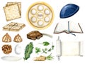 Passover elements set of watercolor illustrations. Jewish Pesach seder food. Haggadah scroll, Torah book, matzah