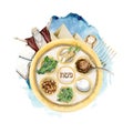 Passover Exodus story with seder plate and holiday food watercolor illustration. Moses, pyramids and Red sea