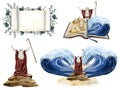 Passover Haggadah watercolor Exodus illustration set with Moses separating Red sea. Jewish Bible story, Pesach scroll