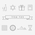 Passover holiday flat design black thin line icons set with text