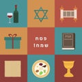 Passover holiday flat design icons set with text in hebrew Royalty Free Stock Photo