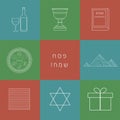 Passover holiday flat design white thin line icons set with text