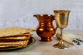 Jewish Pesah celebrating, matzoh and traditional seder plate