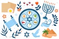 Passover icons set. flat, cartoon style. Jewish holiday of exodus Egypt. Collection with Seder plate, meal, matzah, wine