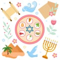 Passover icons set. flat, cartoon style. Jewish holiday of exodus Egypt. Collection with Seder plate, meal, matzah, wine