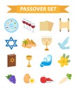 Passover icons set. flat, cartoon style. Jewish holiday of exodus Egypt. Collection with Seder plate, meal, matzah, wine