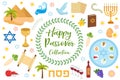 Passover icons set. flat, cartoon style. Jewish holiday of exodus Egypt. Collection with Seder plate, meal, matzah, wine