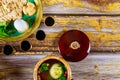 Passover jewish food. Pesach matzo balls soup and matzoh bread, wine, seder plate