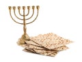 Passover matzos and Menorah isolated on white. Pesach celebration Royalty Free Stock Photo