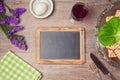 Passover (pesah) holiday celebration with chalkboard and seder plate. View from above