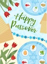 Passover poster, invitation, flyer, greeting card. Pesach template for your design with festive Seder table, kosher food