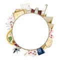 Passover round frame with Jewish holiday symbols with copy space for text watercolor illustration. Matzah bread, Moses