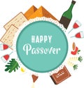 Passover seder plate with flat traditional icons. greeting card design template. vector illustration