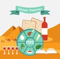 Passover seder plate with flat trasitional icons over a desert background Royalty Free Stock Photo