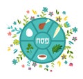 Passover seder plate with floral decoration, Passover in Hebrew in the middle. vector illustration Royalty Free Stock Photo