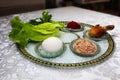 Passover Seder plate Israel, Hebrew: Passover bowl. Passover: the traditions and customs of the Jewish holiday. Symbolic foods Royalty Free Stock Photo