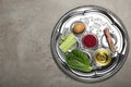 Passover Seder plate keara on table, top view with space for text. Pesah celebration