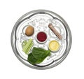 Passover Seder plate keara with symbolic meal isolated on white. Pesah celebration Royalty Free Stock Photo