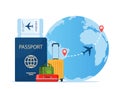 Passport with air ticket, baggage and planet earth. Time to travel concept. Traveling by plane. International flight. Vector