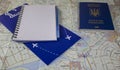 Passport, Airline Tickets, Notepad and Pen on Map. Business Travel Traveling on the Map