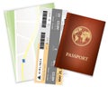 Passport, airplane ticket and map - travel accessories