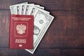 A passport with american dollar banknotes inside as work and travelling concept Royalty Free Stock Photo