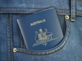 Passport of Australia in pocket jeans. Travel, tourism, emigration and passport control concept