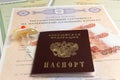 Passport with baby's dummy and money, maternal, birth certificat Royalty Free Stock Photo