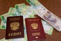 Passport on the background money russia documents trip