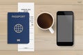 Passport and boarding pass ticket with coffee cup and smartphone on wood background. Vector