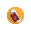 Passport with boarding pass ticket flat icon with long shadow. Passport with flight ticket flat icon Royalty Free Stock Photo