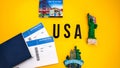 Passport with boarding pass, USA flag, magnets from new york and san francisco, statue of liberty, Travel concept Royalty Free Stock Photo