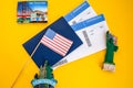 Passport with boarding pass, USA flag, magnets from new york and san francisco, statue of liberty, Travel concept Royalty Free Stock Photo