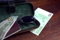 Passport, cash and sunglasses
