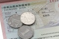 Passport with a Chinese visa and yuan coins. Chinese business visa M