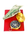 Passport, compass and money plane - travel concept Royalty Free Stock Photo