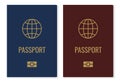 Passport covers with map. Realistic red and blue international identification document, citizen ID with golden globe